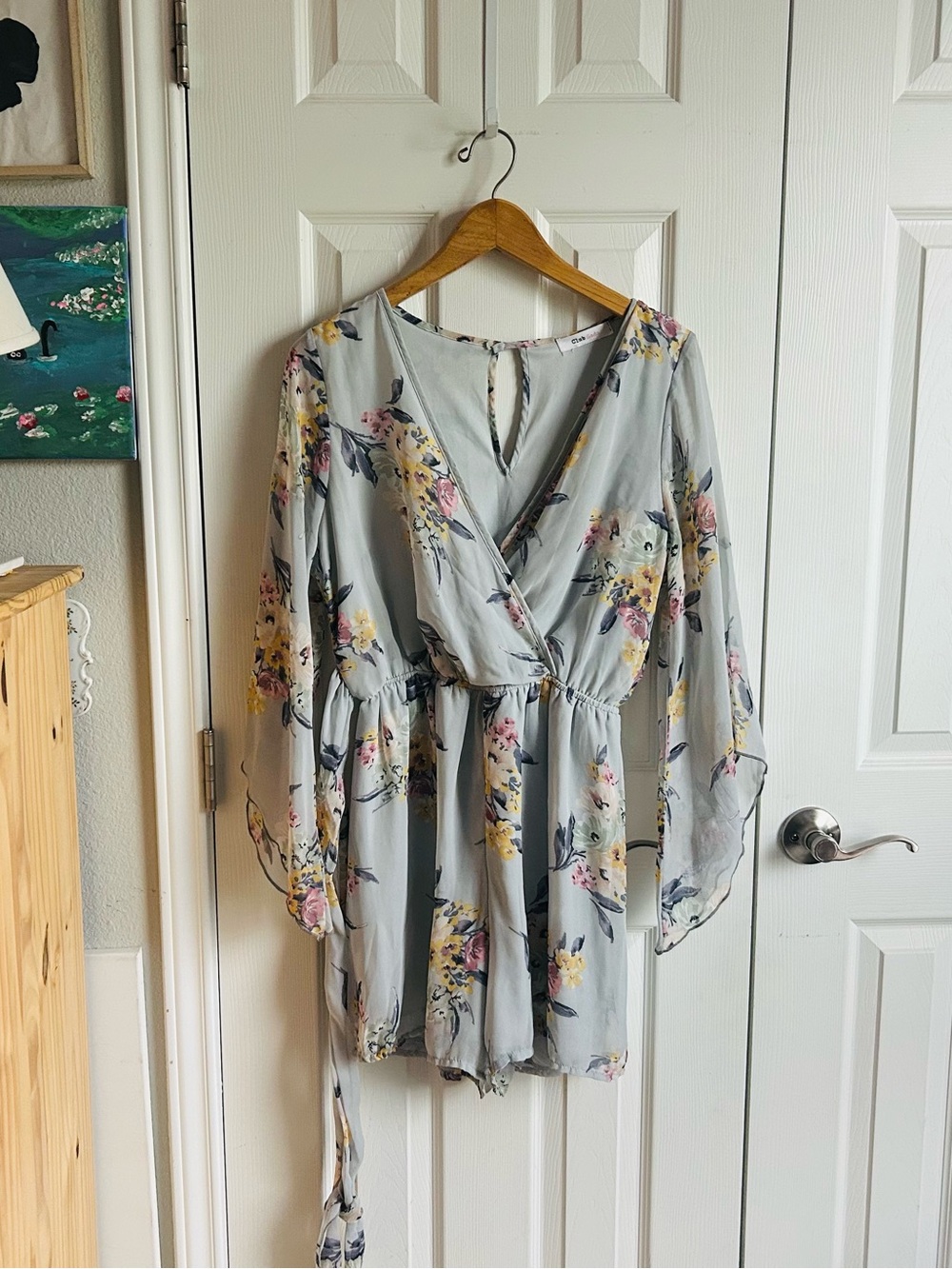 soft blue floral bell sleeve romper